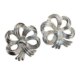 Vintage Signed Coro Silver Tone Ribbon Bow Clip Earrings